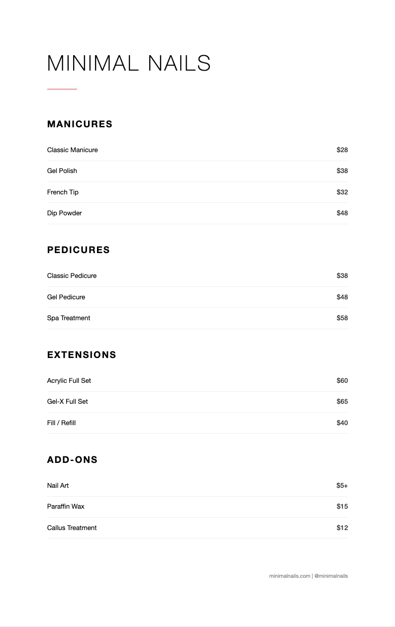 Modern minimalist nail price list